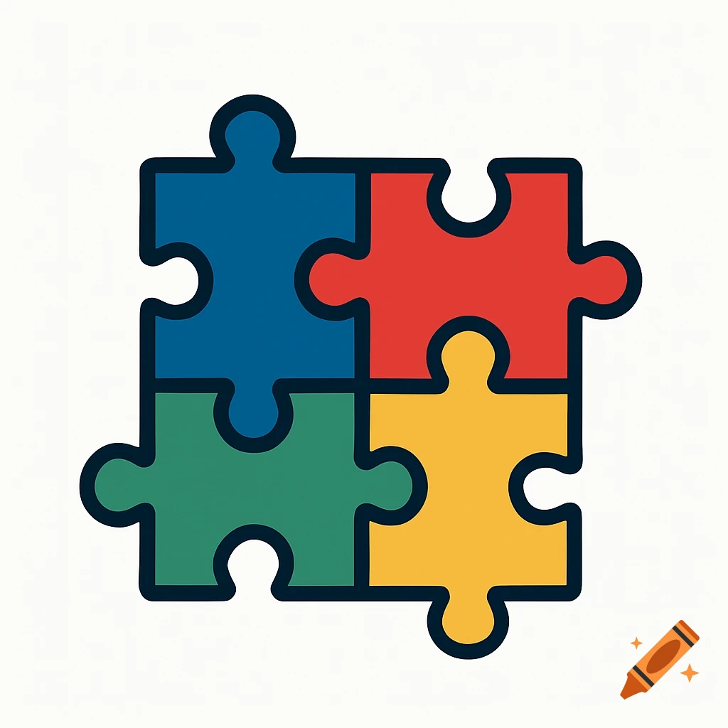 Four interlocking puzzle pieces in blue, red, green, and yellow forming a square icon.