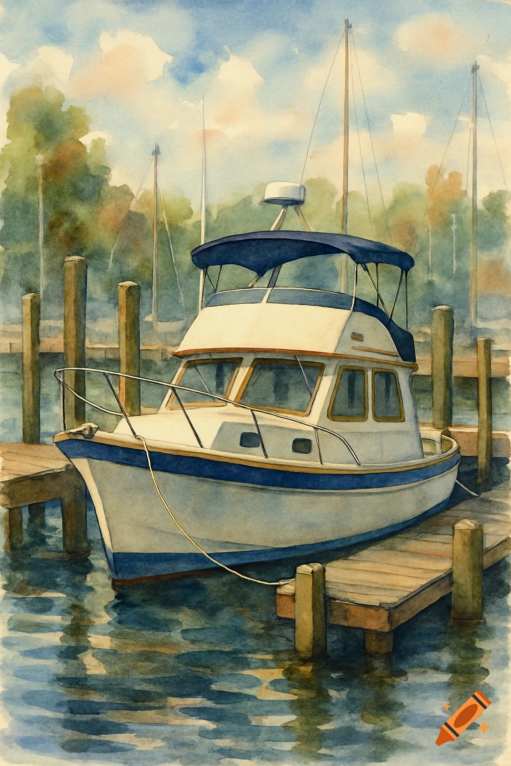 Watercolor painting of a boat docked at a pier