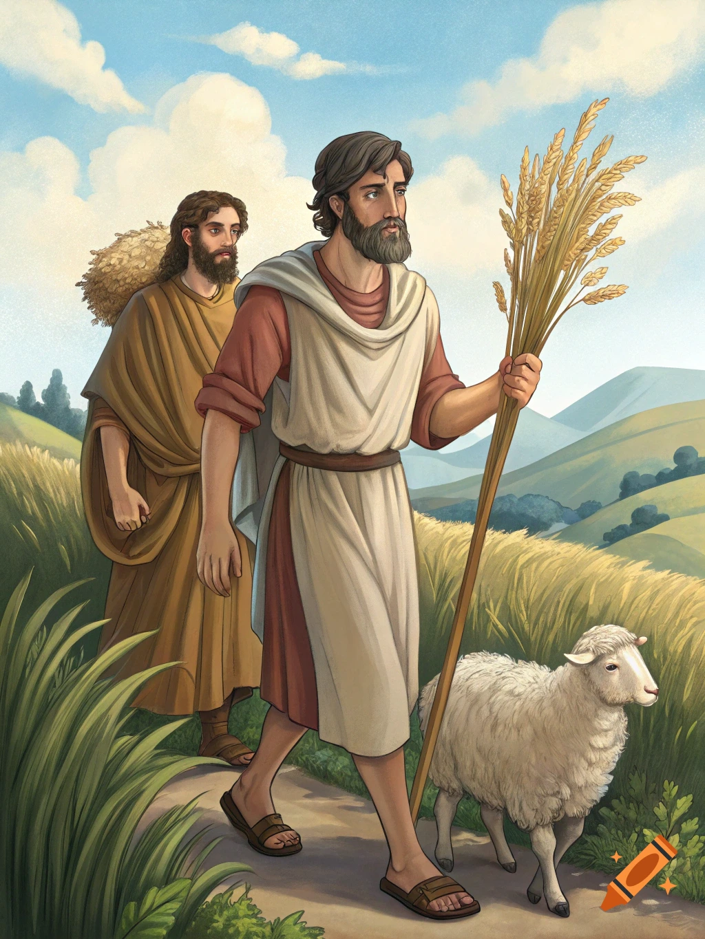 Two robed men and a sheep walk through a golden wheat field. Illustrated.