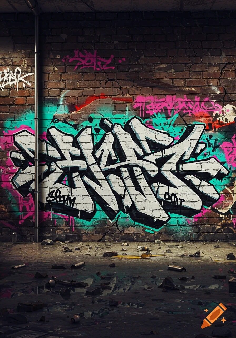 Colorful graffiti art covers a brick wall in a dirty urban setting with debris on the ground.