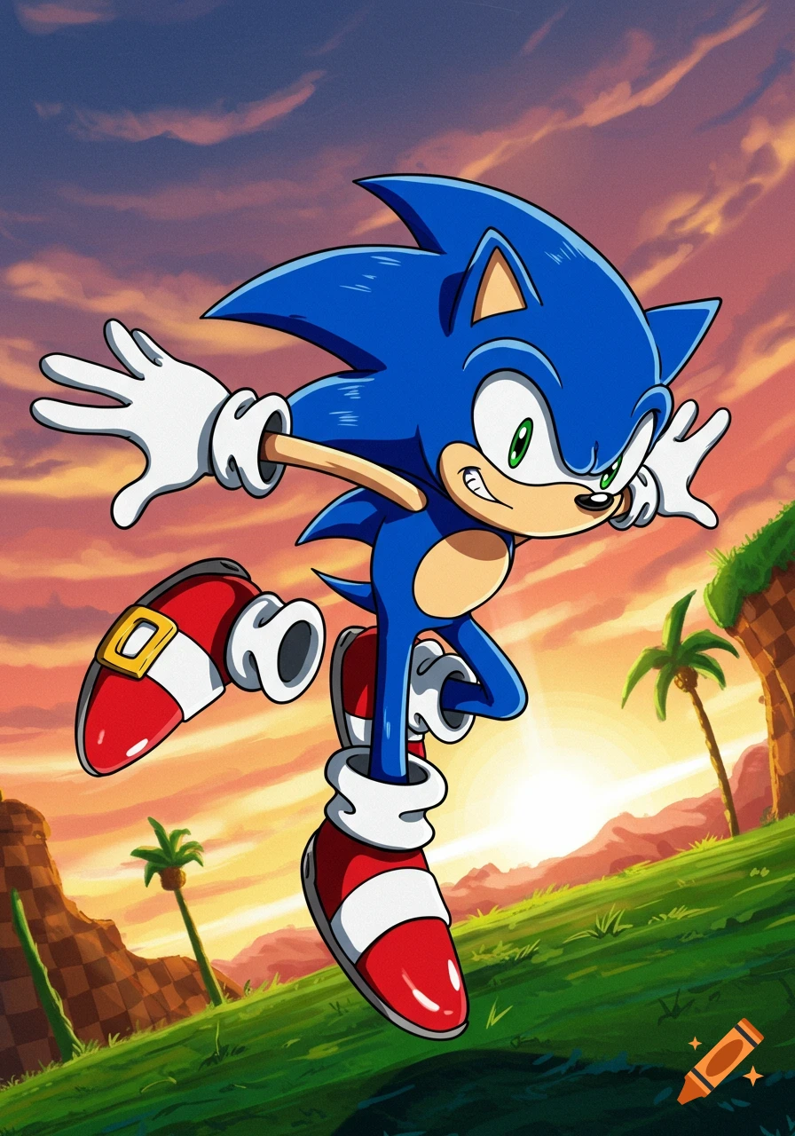 Sonic the Hedgehog jumps in front of a sunset over Green Hill Zone landscape.