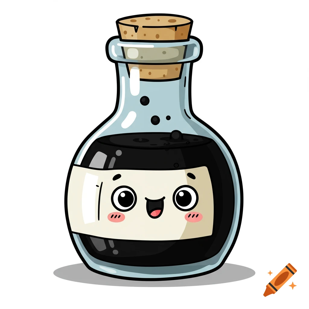 A cartoon illustration of a smiling bottle of ink with a cute face on the label.