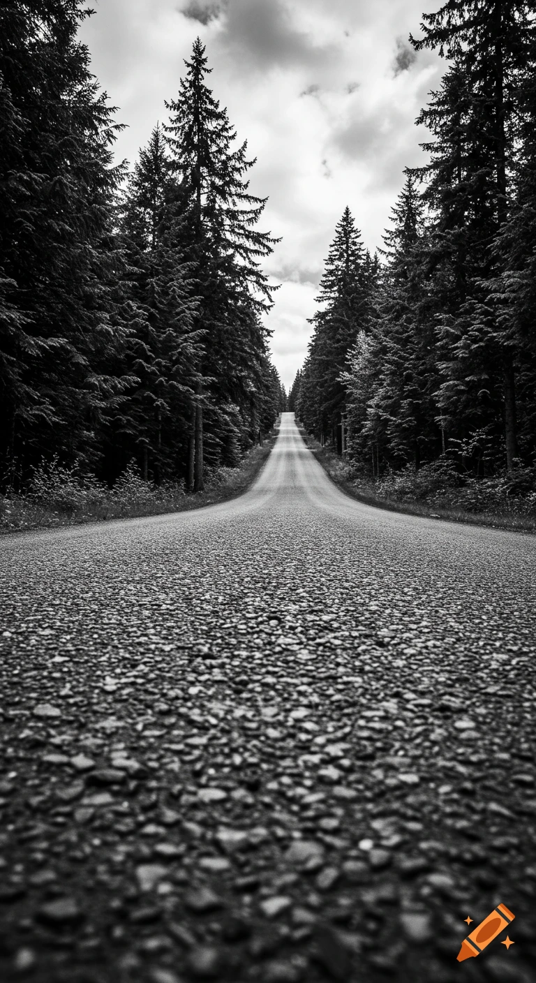 Black and white photo of a gravel road leading through a dense forest under a cloudy sky.