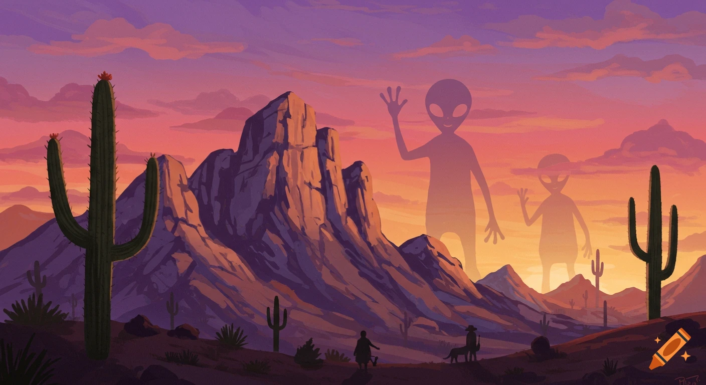 Primitive style desert landscape at sunset with mountains, cacti, and giant waving alien silhouettes.