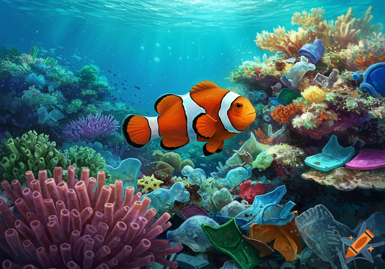 A clownfish swims in a coral reef polluted with plastic bottles and trash in a painting.