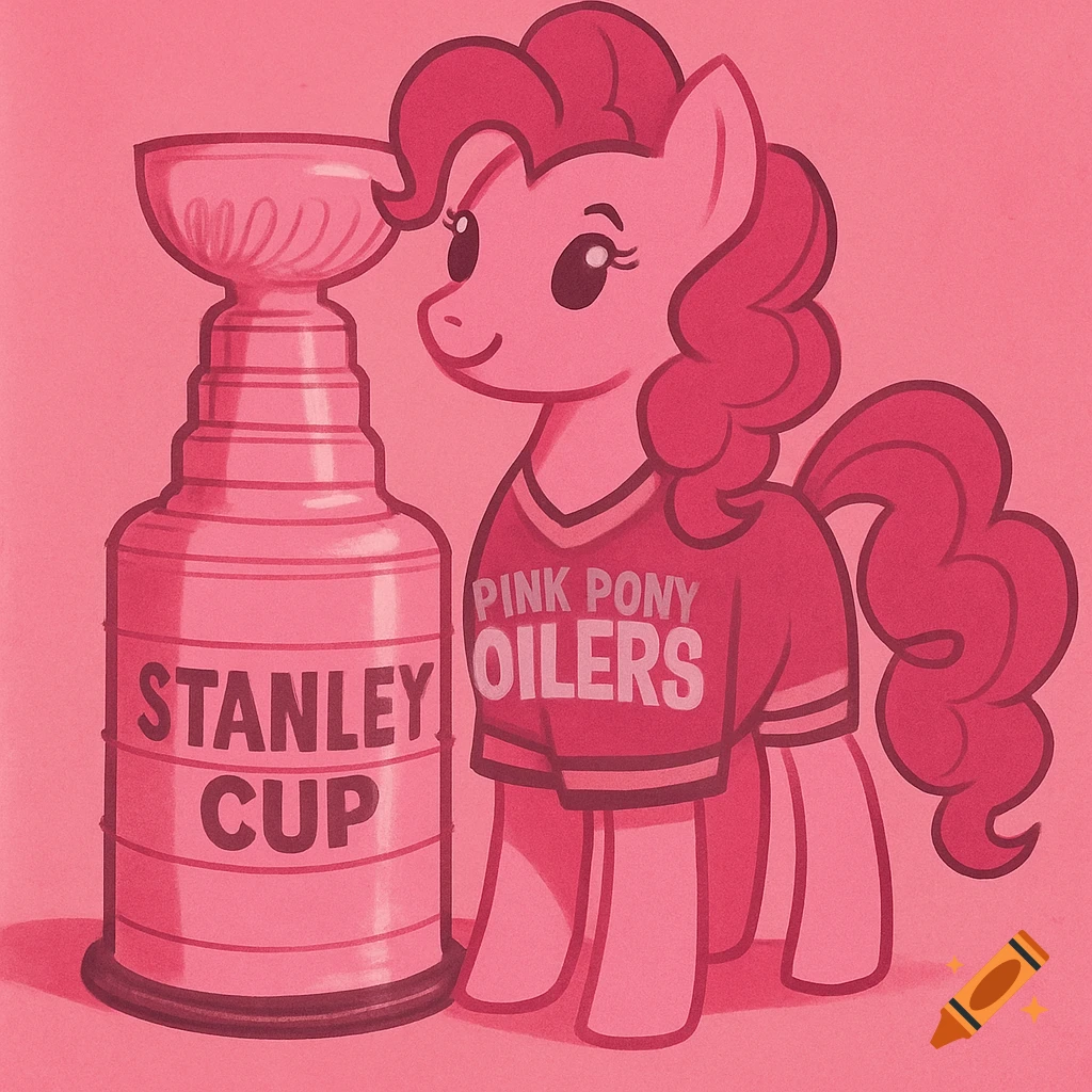 A cartoon pink pony wearing an Oilers jersey stands next to the Stanley Cup trophy.