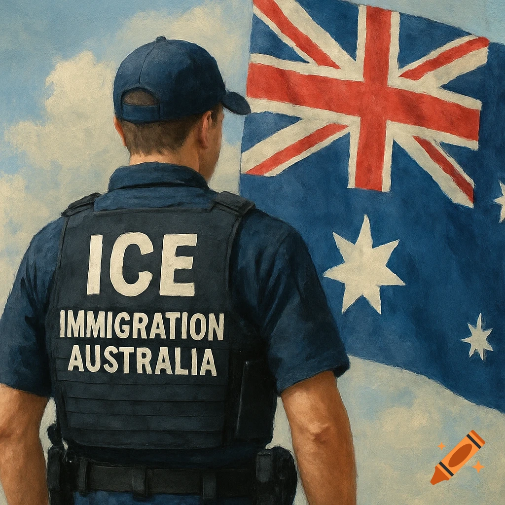 A person in an ICE IMMIGRATION AUSTRALIA vest stands before an Australian flag.