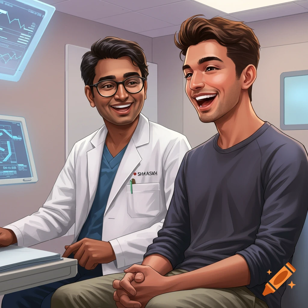 An illustration shows a doctor and a patient smiling and talking in a medical examination room.