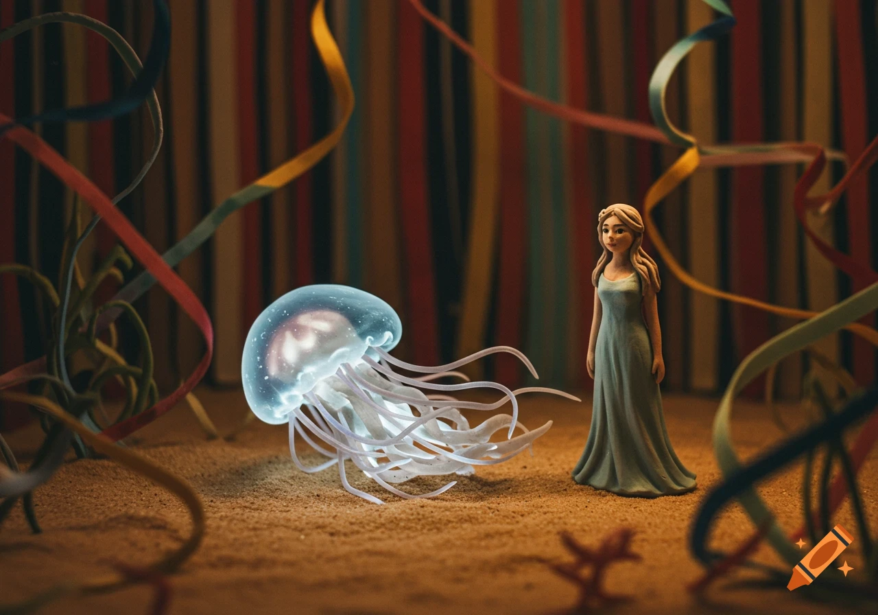A clay model of a woman stands beside a glowing jellyfish creature on sand in a diorama scene with ribbons and a striped background.
