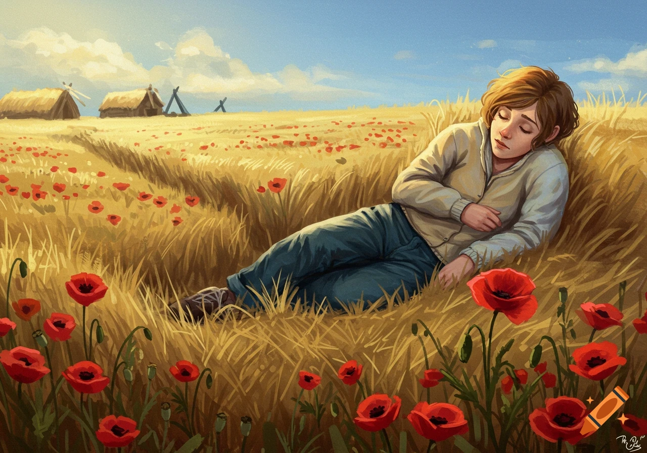 A person sleeps among poppies in a golden field, rendered in a painterly style.