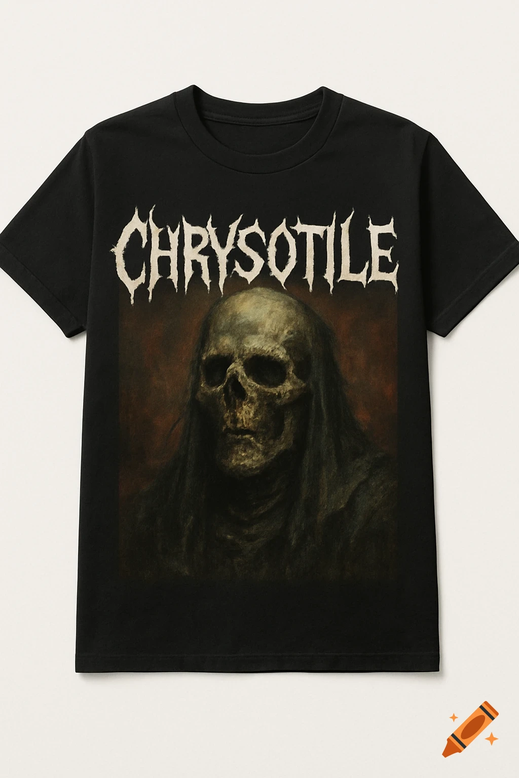 Black t-shirt with a grim skull drawing and the text CHRYSOTILE.