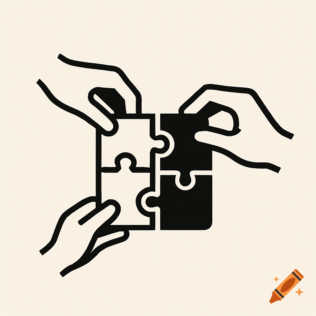 Stylized line art logo of hands assembling a four-piece puzzle.
