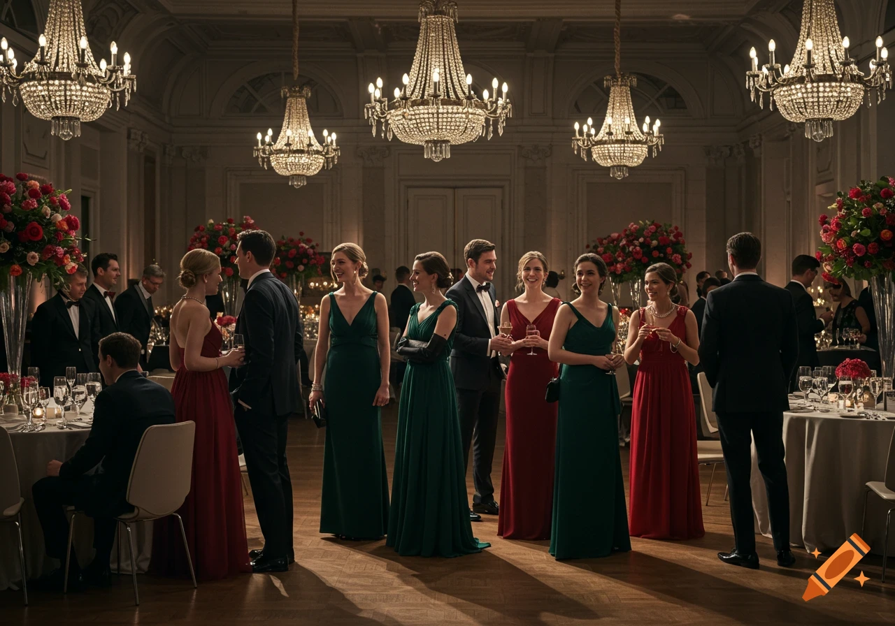 A large room with people attending a formal black tie event with chandeliers and decorated tables, in a photorealistic style.