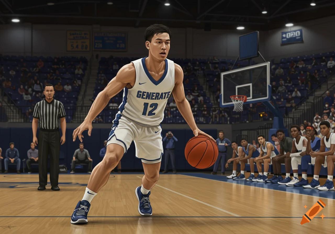 A basketball player in a white and blue uniform dribbles the ball on the court in a high school arena.