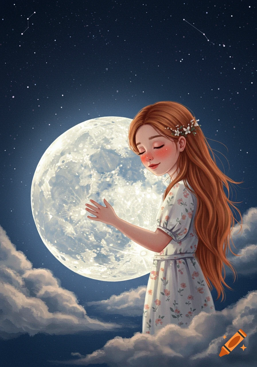 Illustration of a girl embracing a full moon in a starry sky with clouds.