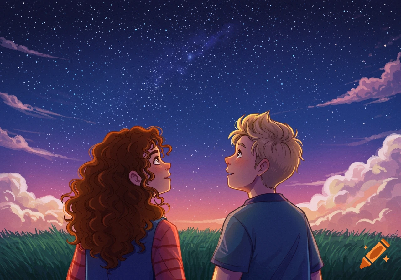 Illustration of two teenagers looking up at a starry night sky at twilight.