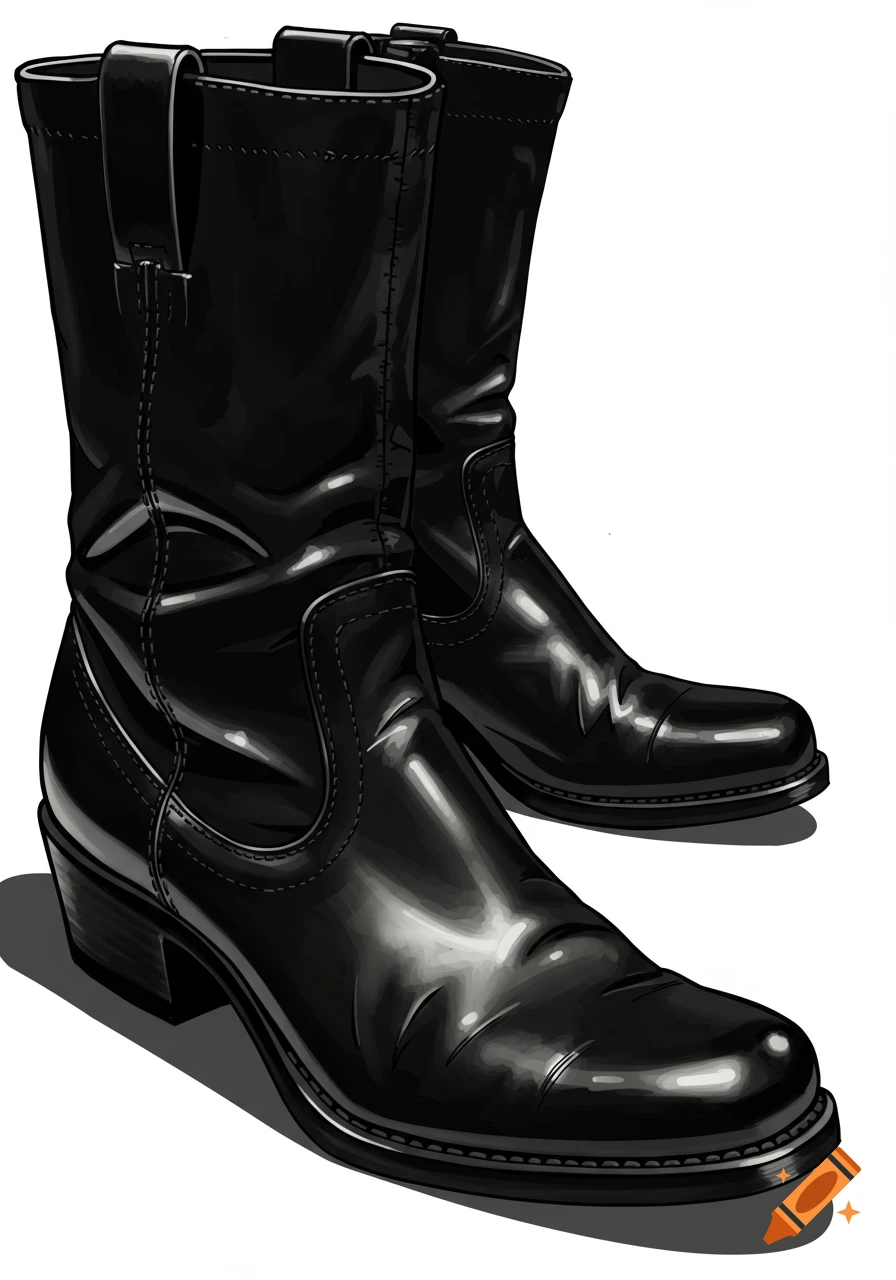 A pair of shiny black leather boots in an illustrative style.