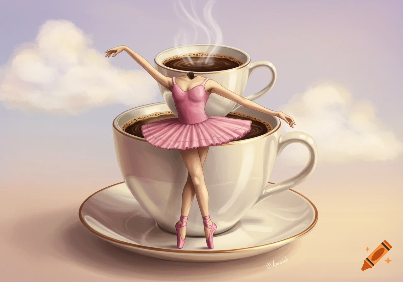 An illustration of a headless ballerina in a pink tutu balancing on stacked coffee cups in a dreamy sky.