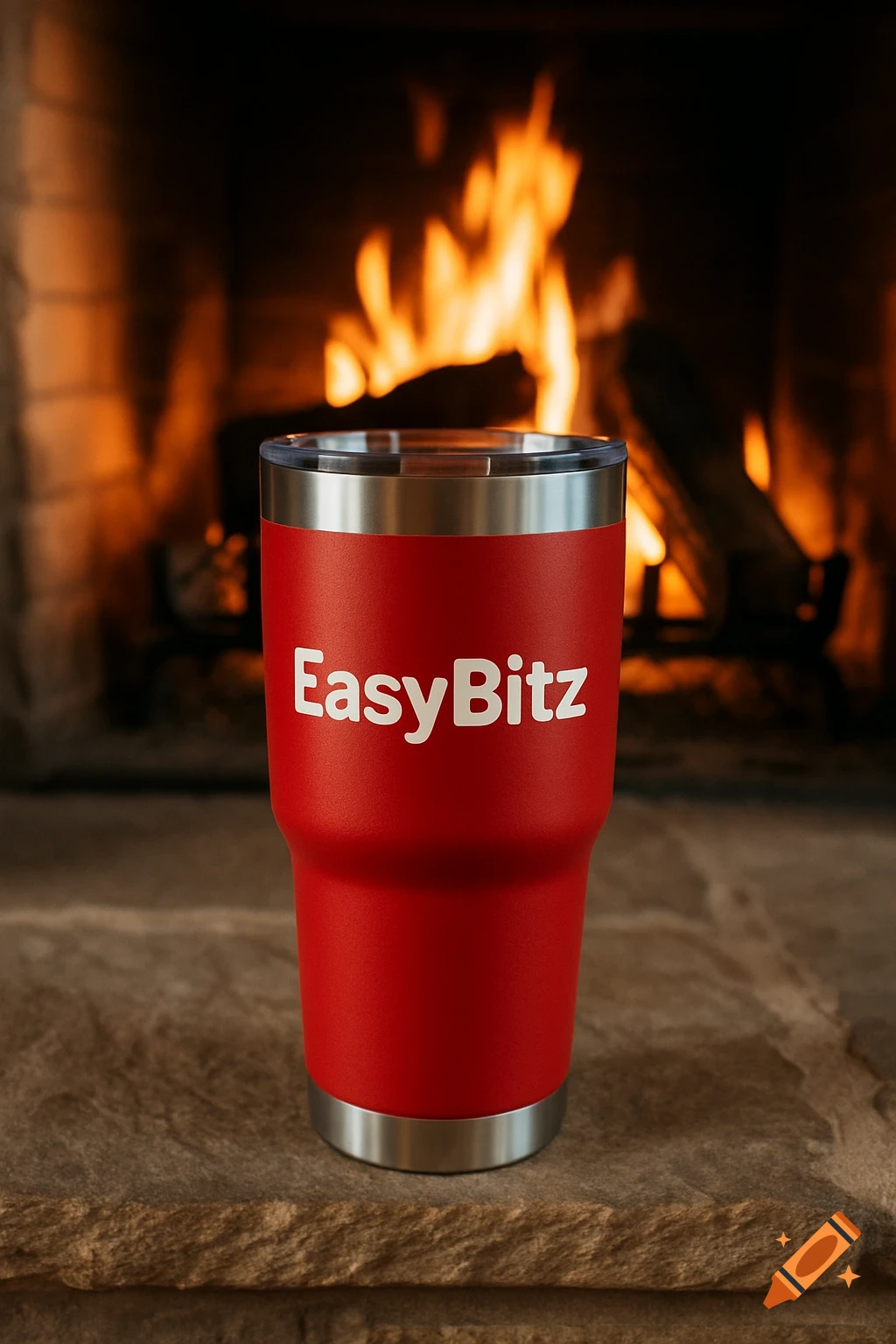 A red tumbler with the EasyBitz logo sits on a stone hearth in front of a fireplace.