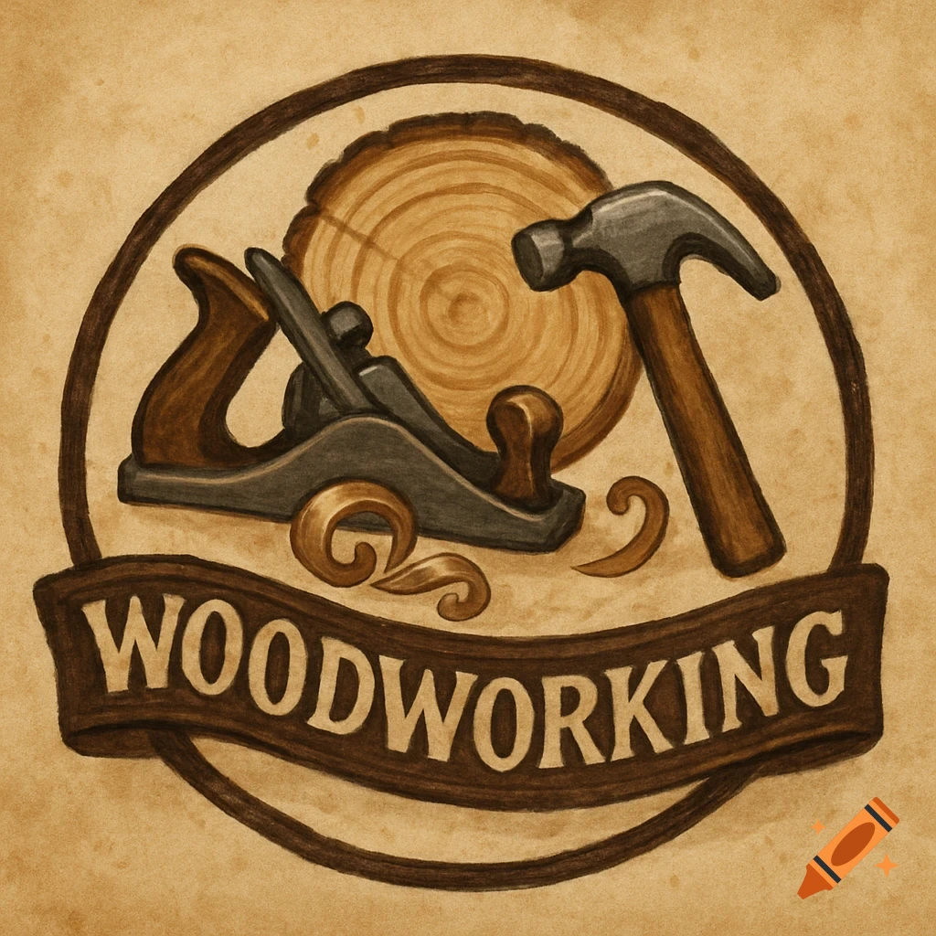 A rustic logo with a wood plane, hammer, and log slice inside a circle, with a banner reading WOODWORKING below.