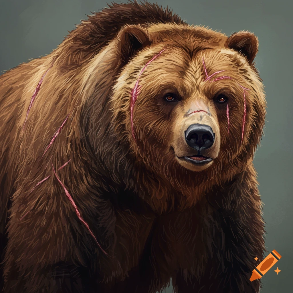 Close-up illustration of a scarred grizzly bear