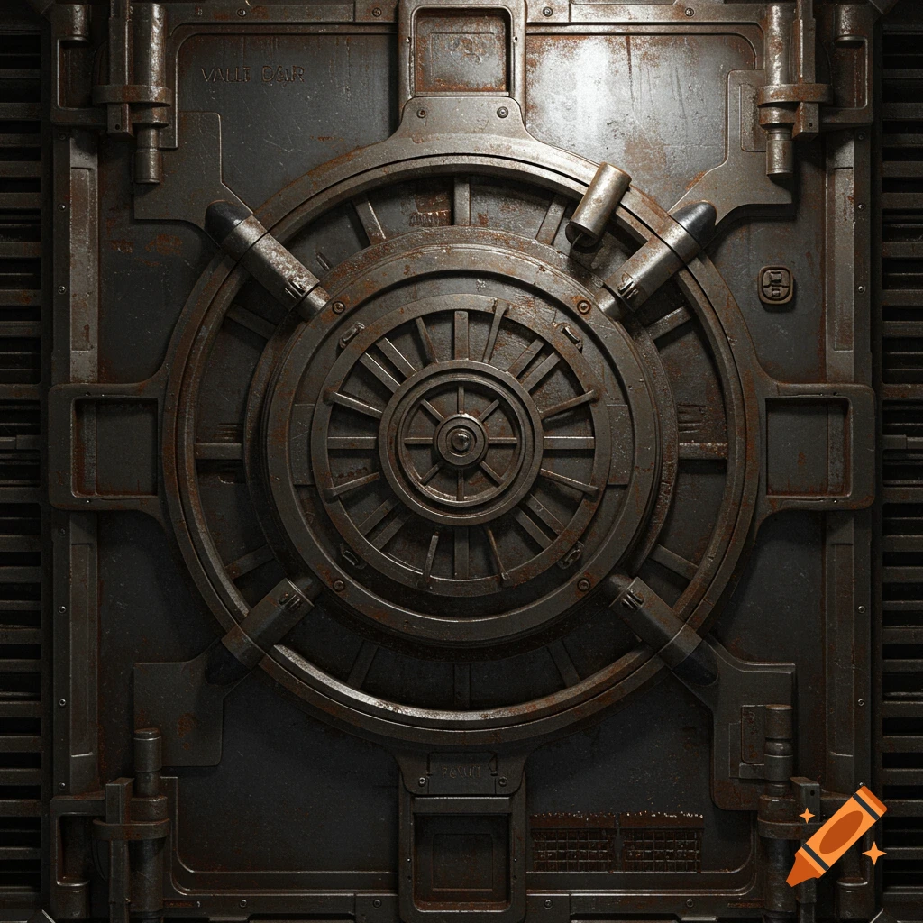 A large, weathered metal fallout vault door with a central wheel and locking mechanisms.