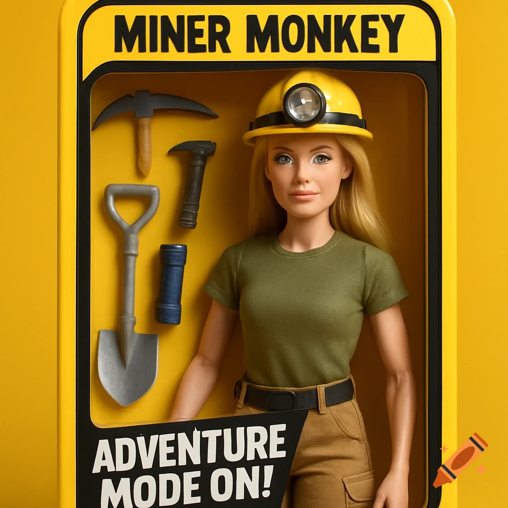 Realistic doll action figure in a toy box with mining tools. Box labels say Miner Monkey and Adventure Mode On!