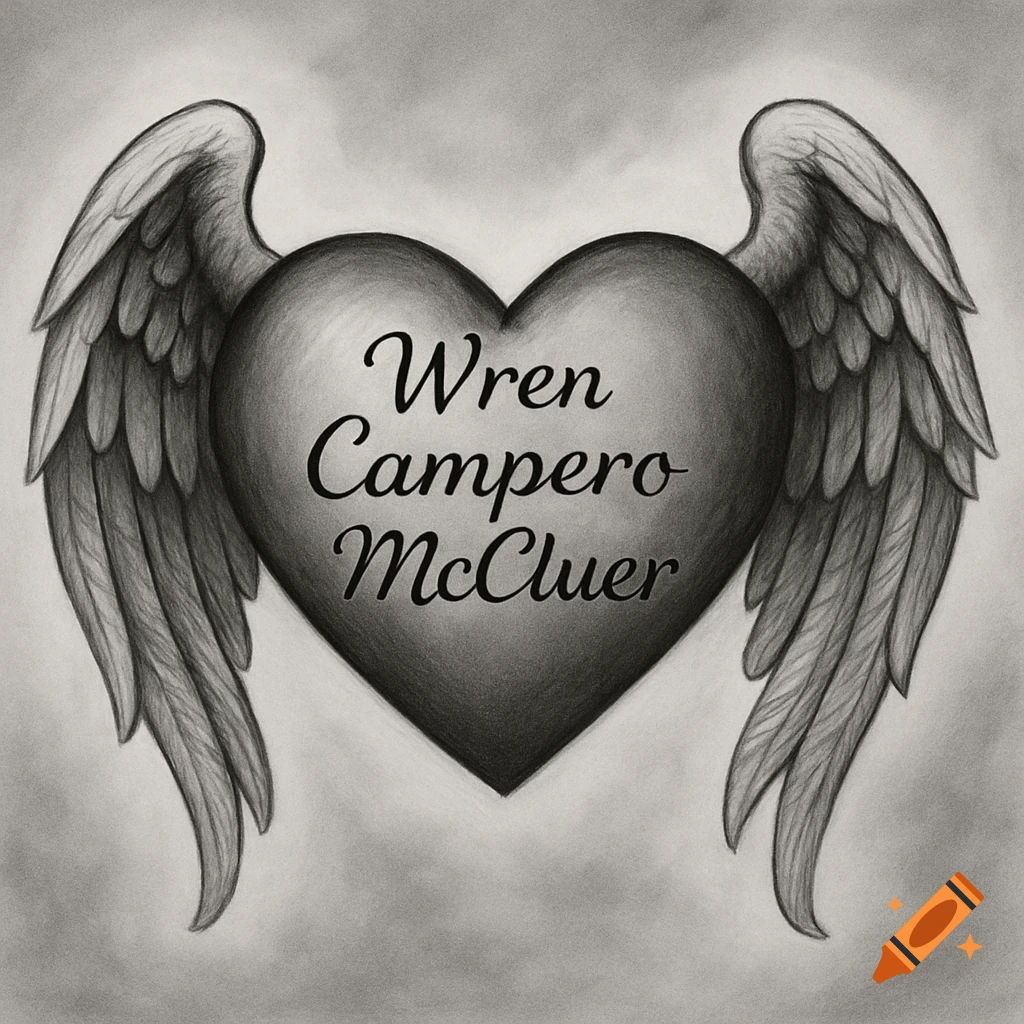 Black and white pencil sketch of a heart with angel wings and the name Wren Campero McCluer.
