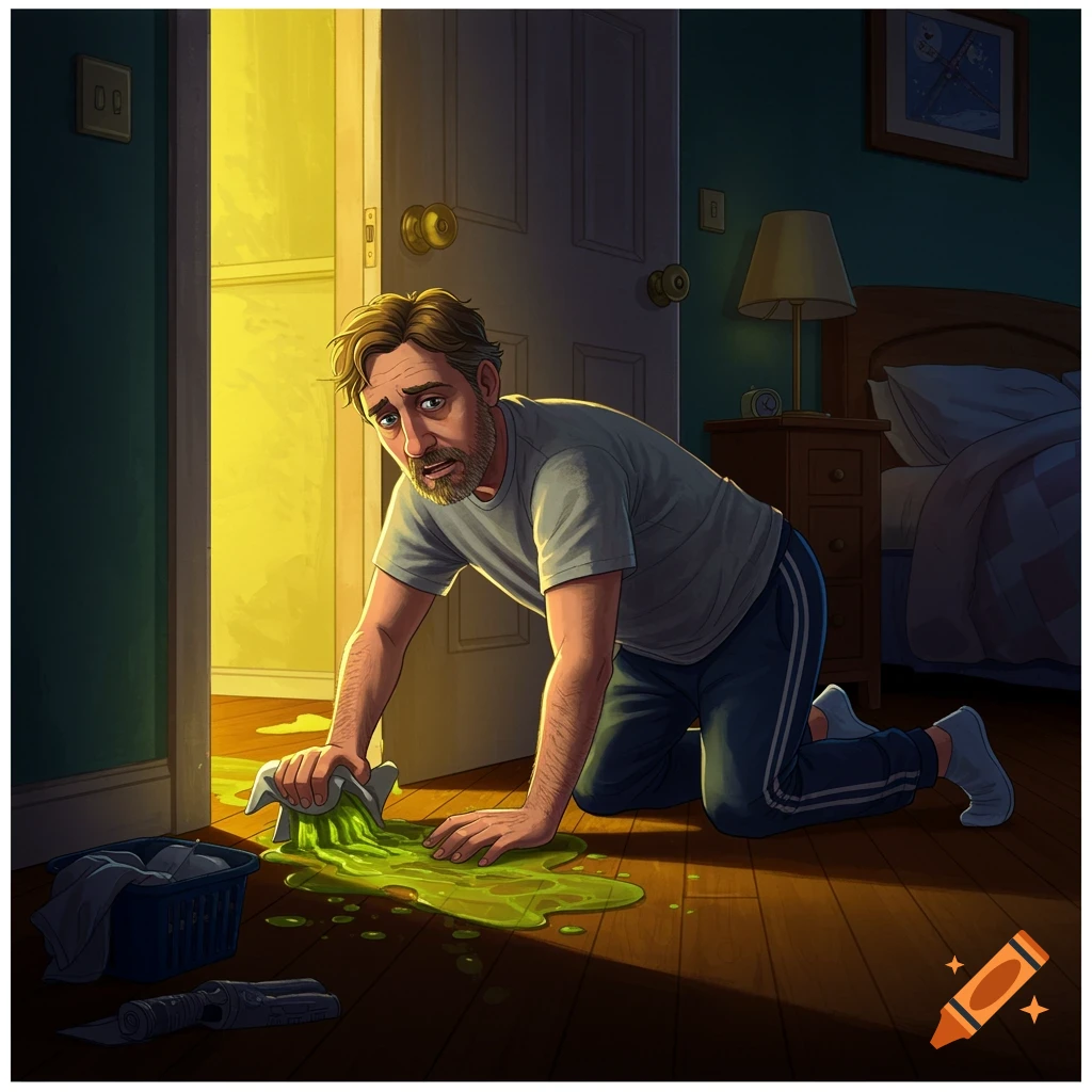 Illustration of a tired man on hands and knees cleaning green liquid off a wooden floor outside a bedroom door.