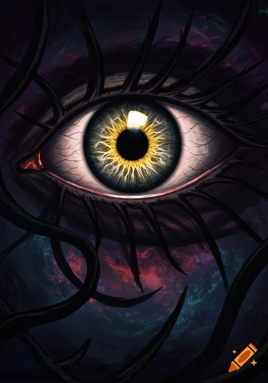 A close-up of a stylized eye with yellow iris and dark tendrils against a swirling cosmic background, in a heavy ink style.