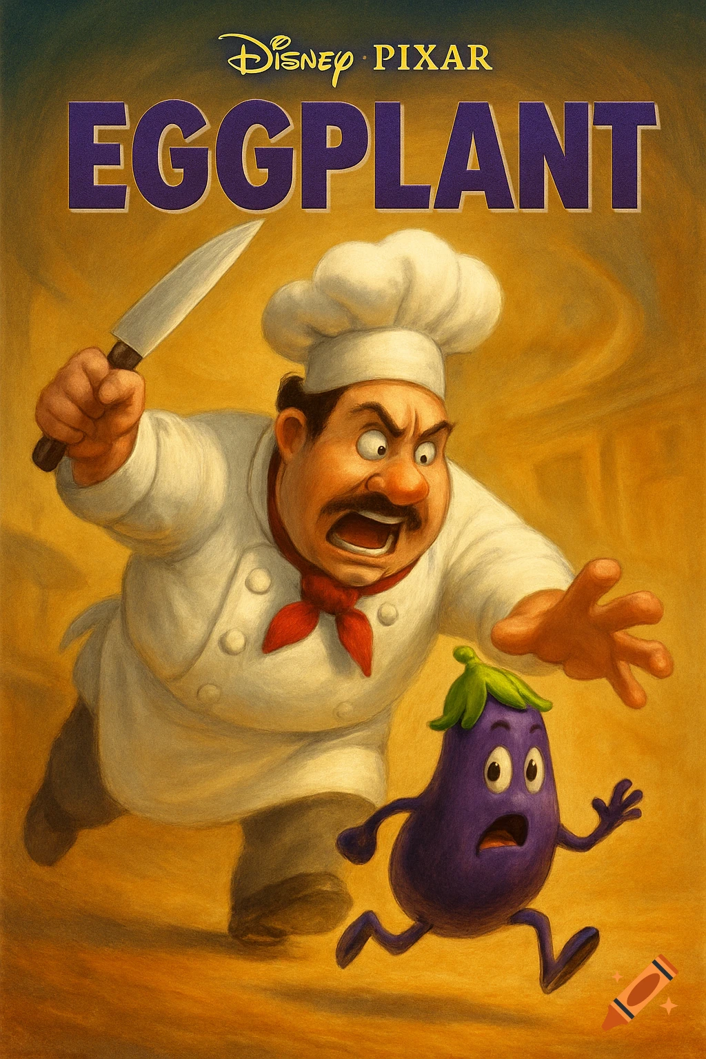 Cartoon chef with knife chases a walking eggplant on a movie poster titled EGGPLANT in Disney Pixar style.