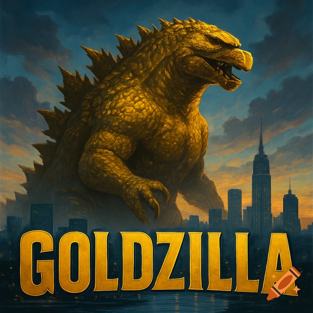 A giant golden monster stands behind a city skyline with large golden text at the bottom reading "GOLDZILLA".