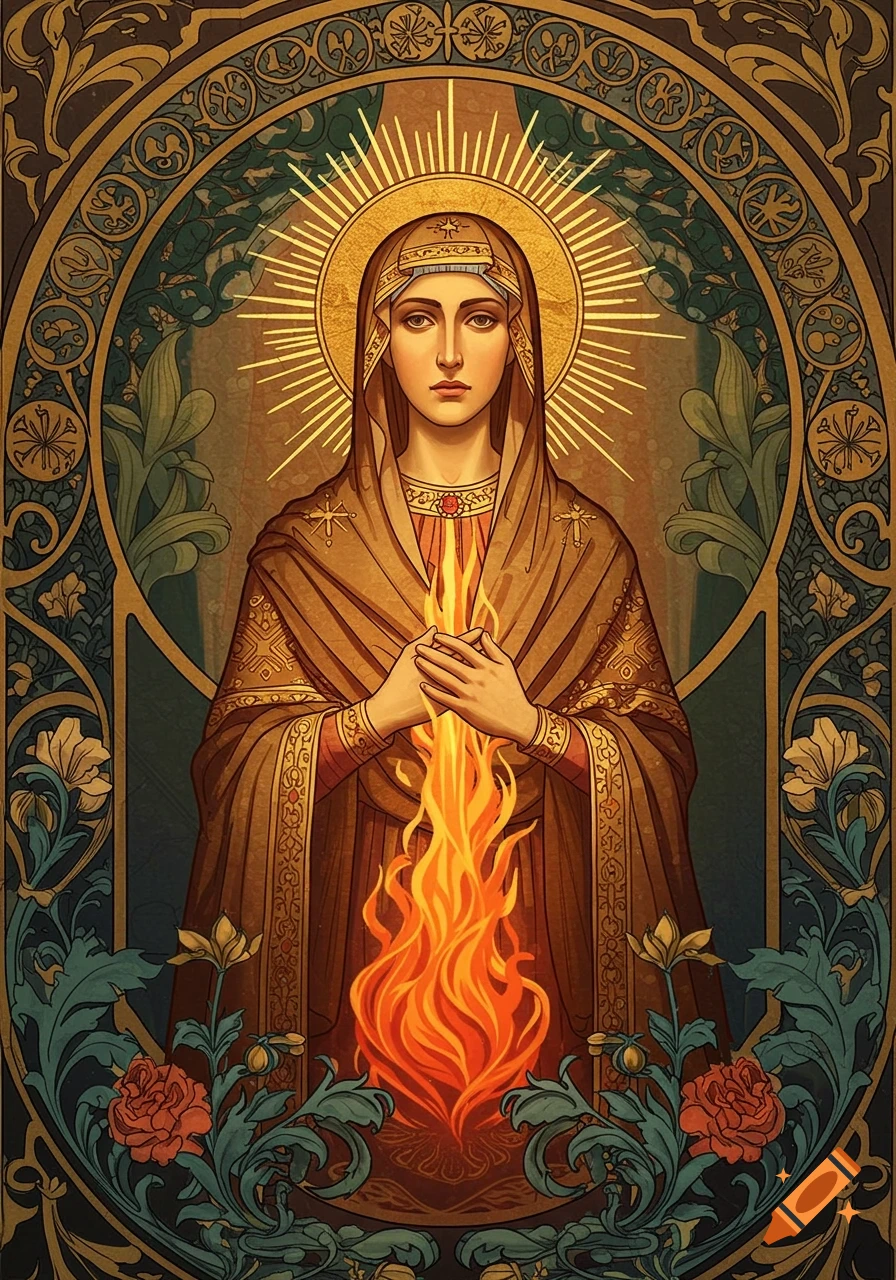 Art Nouveau icon of Holy Mary with a halo and a pillar of fire.