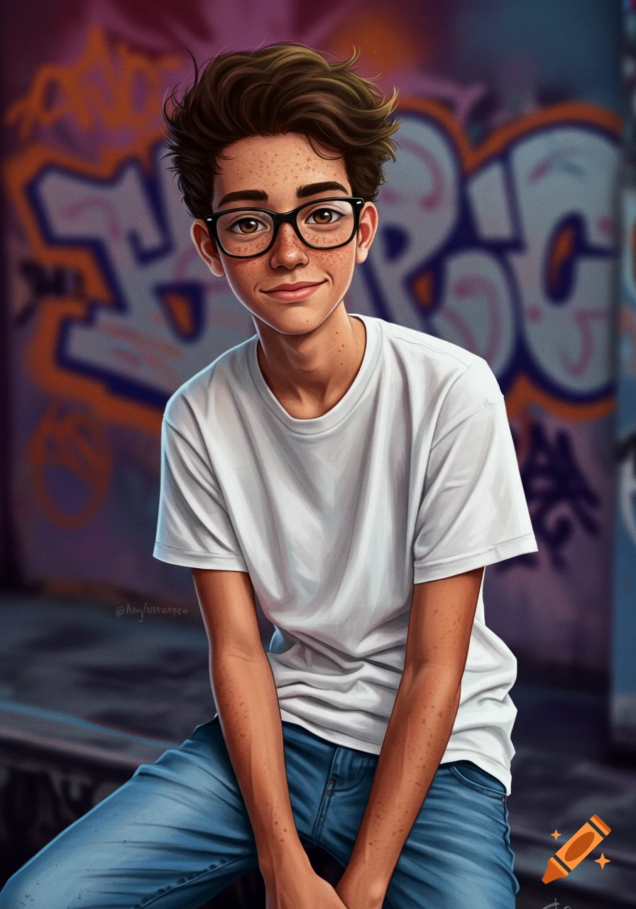 Stylized illustration of a teenage boy with freckles and glasses sitting in front of a graffiti wall.