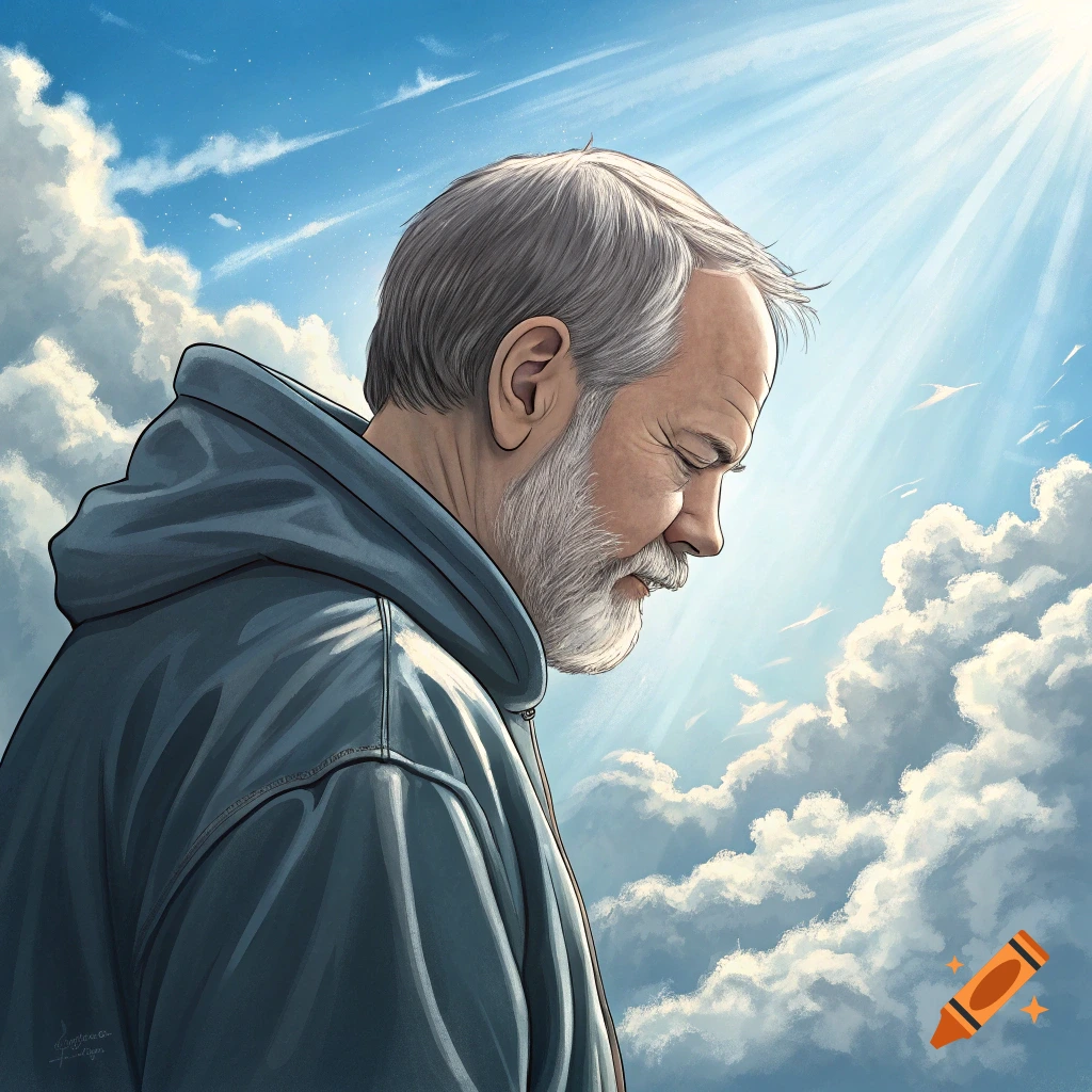 Portrait of older man looking down in cloudy sky with sun rays.