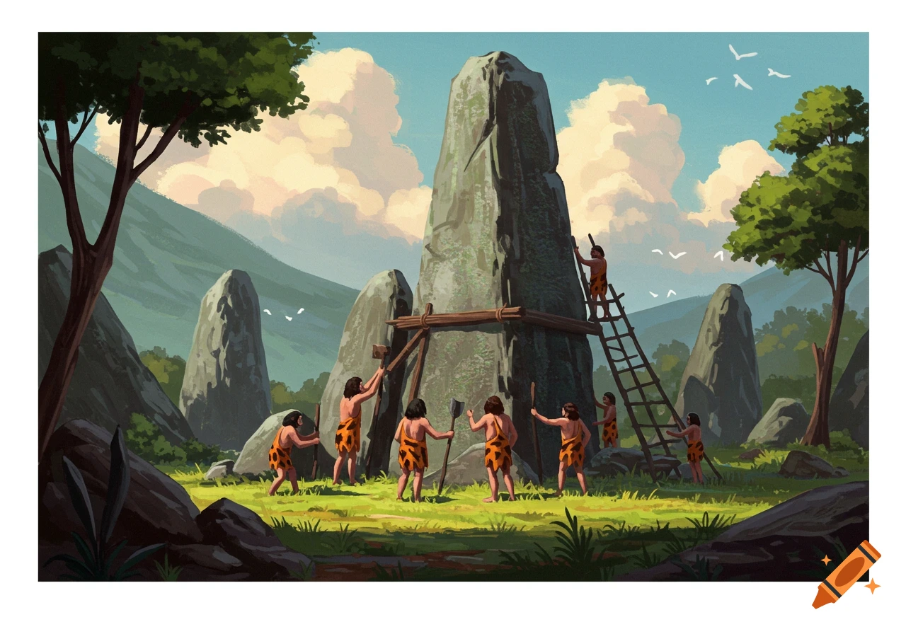 Illustration of cavemen building a large stone monolith in a grassy clearing