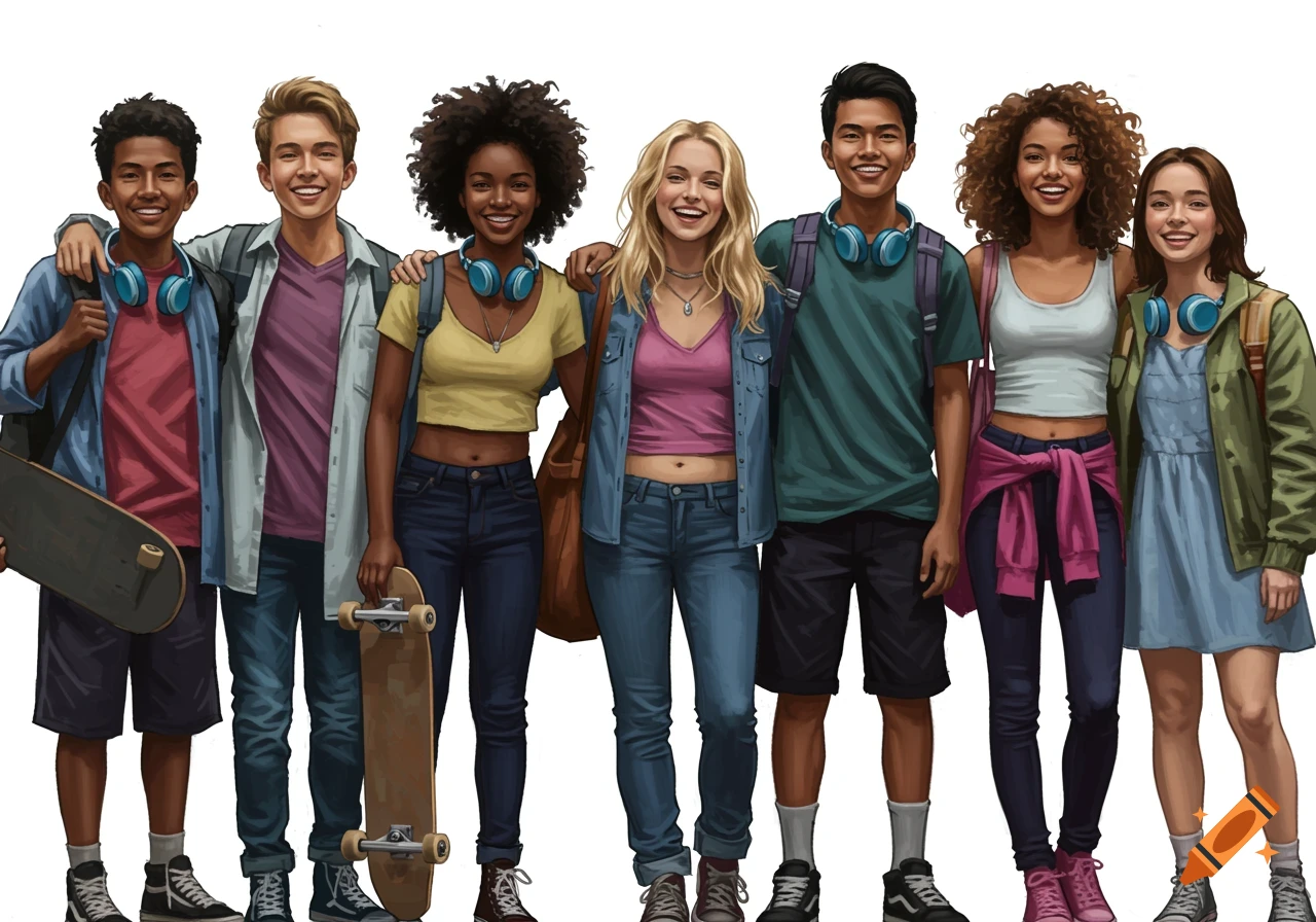 Group of smiling teenagers standing together with skateboards and backpacks.