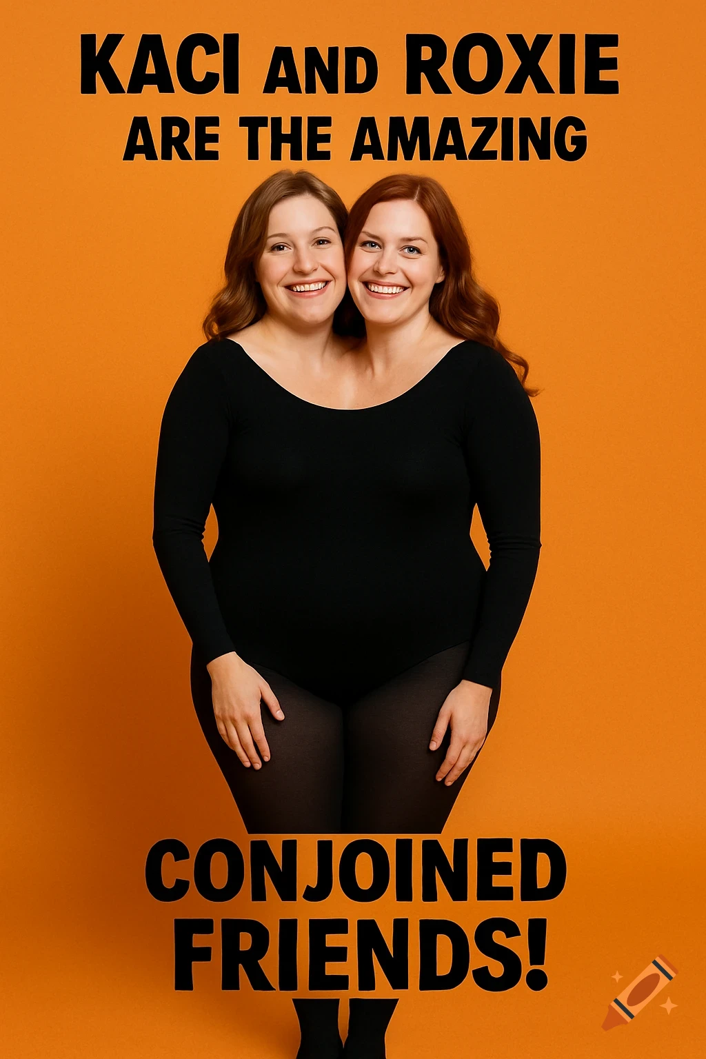 Two women creating a conjoined twin illusion in a black leotard on an orange background.
