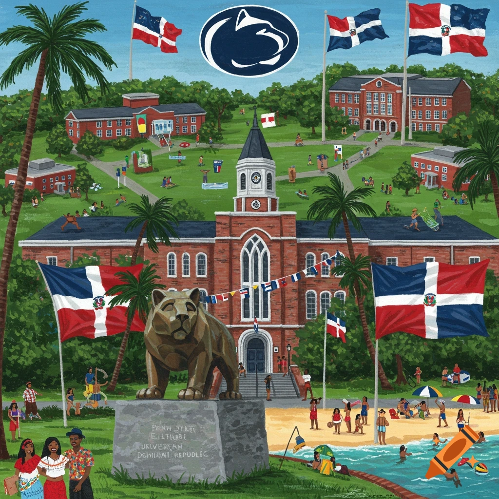 Illustration of Penn State campus with Dominican Republic flags, palm trees, people on a beach, and a lion statue.