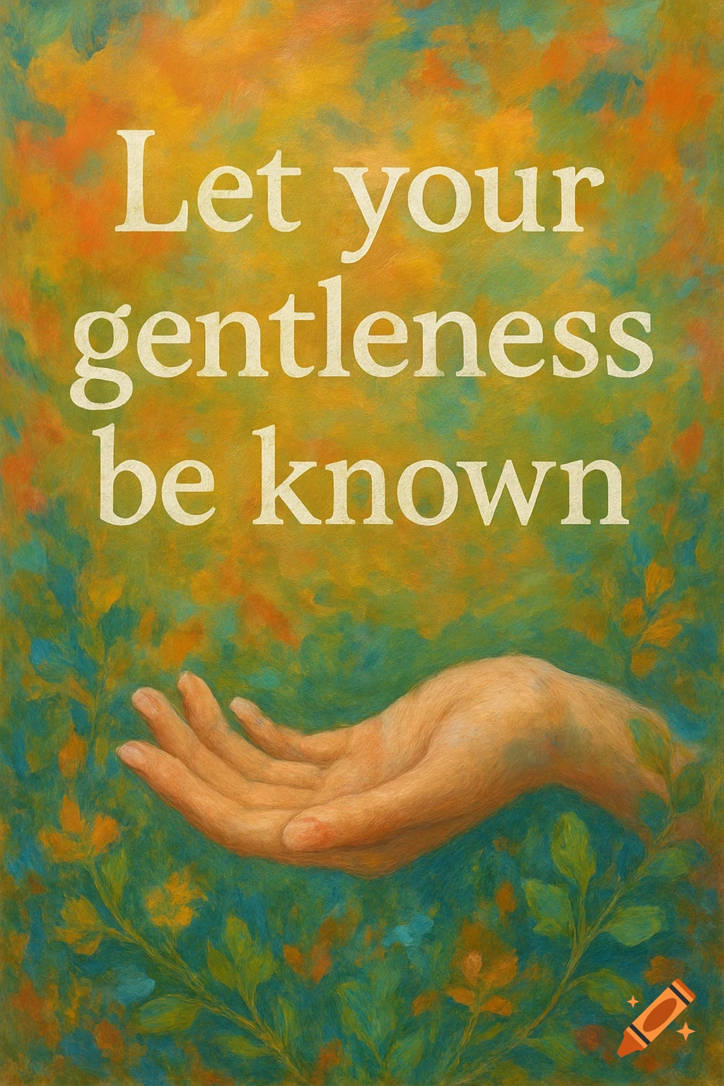 A painted image shows a hand reaching upward amidst green and orange foliage, with the text 'Let your gentleness be known' above it.