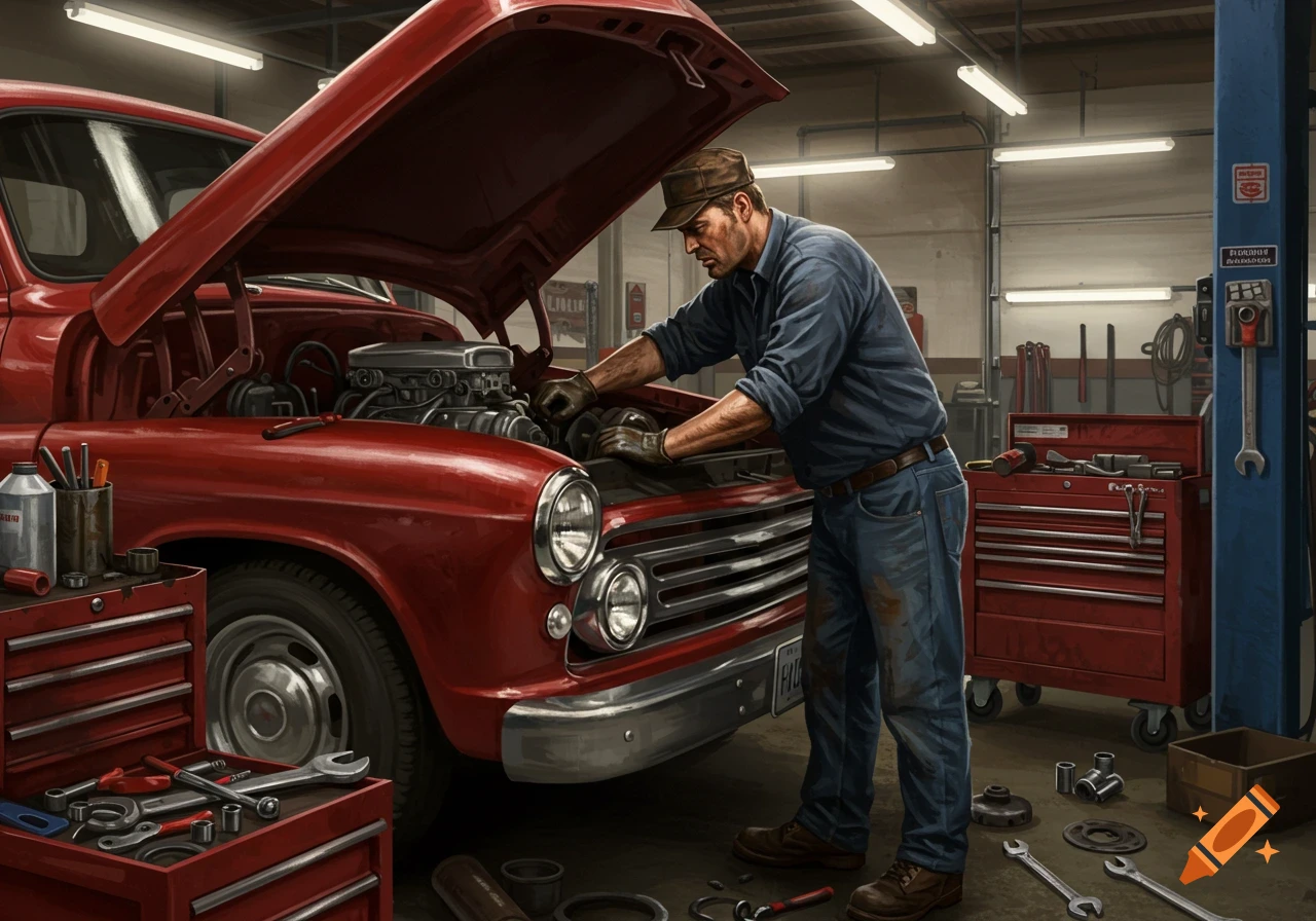 A mechanic works under the open hood of a red car in a garage.