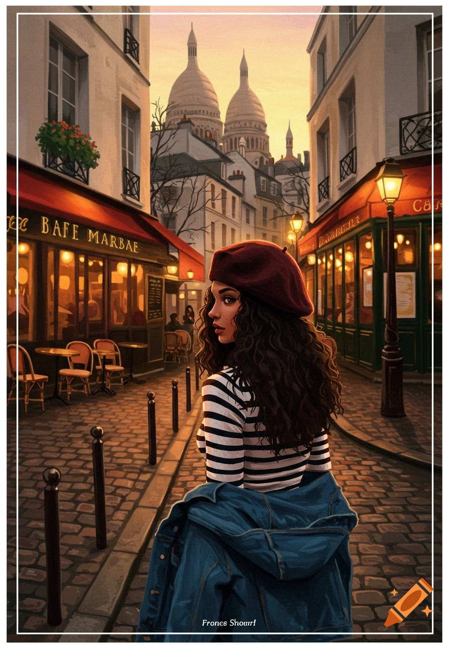 Woman in beret and striped shirt walks cobblestone street in Paris past cafes, Sacré-Cœur in background. Painterly style.