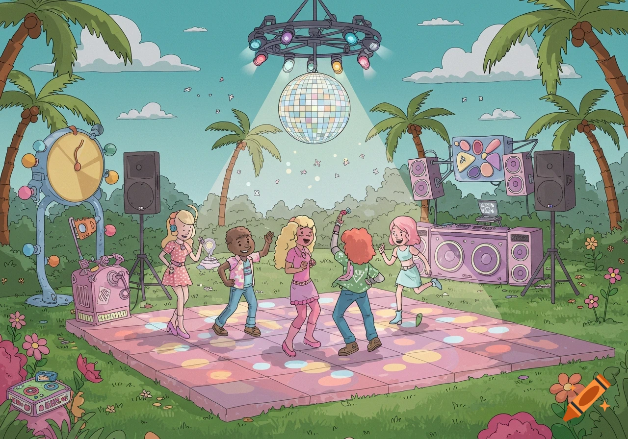 Cartoony illustration of people dancing at an outdoor disco with palm trees and a disco ball.
