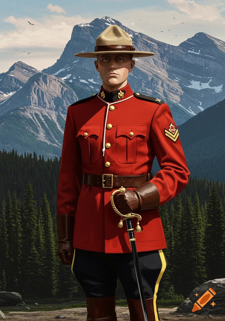 A person in an RCMP uniform stands in front of mountains.