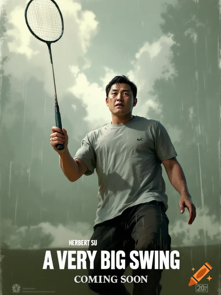 Movie poster featuring an Asian man holding a badminton racket in the rain. Title reads 'A Very Big Swing'.