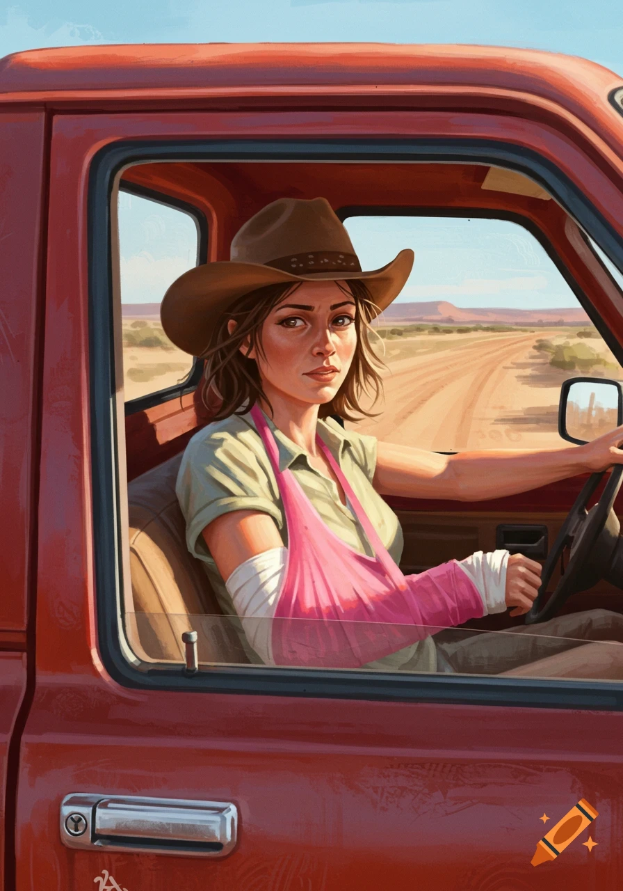 Illustrated portrait of a woman in a cowboy hat with a broken arm driving a red truck through a desert.