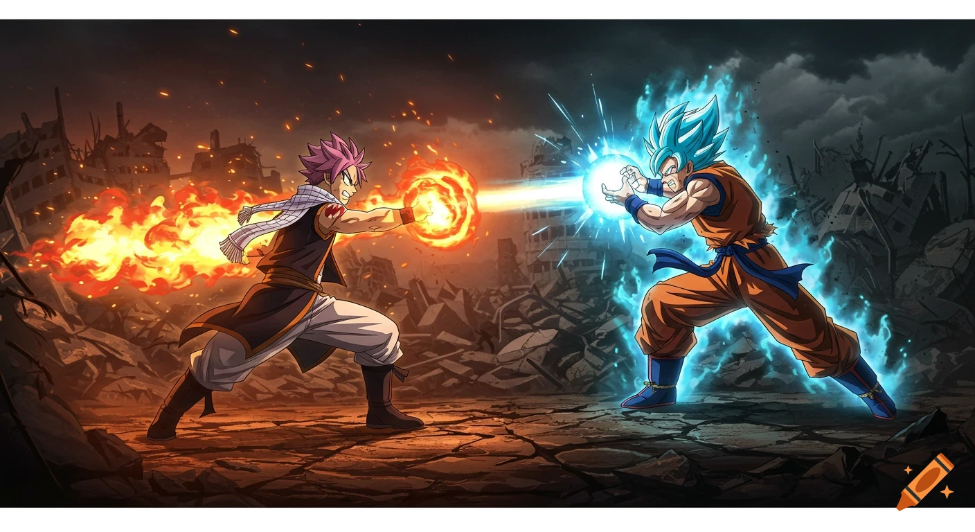 Anime characters Natsu and Goku battle with fire and energy blasts in a destroyed city.