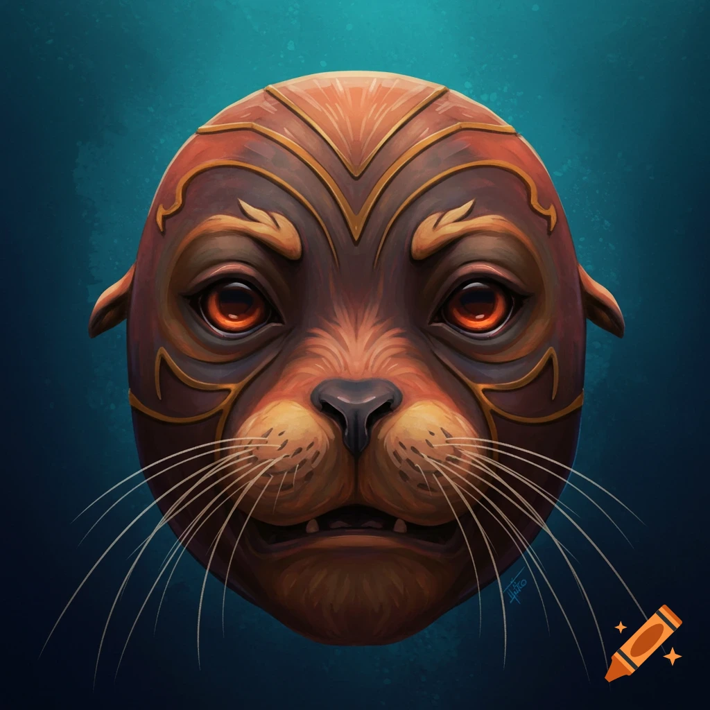 A stylized sea lion mask with glowing orange eyes against a dark teal background.