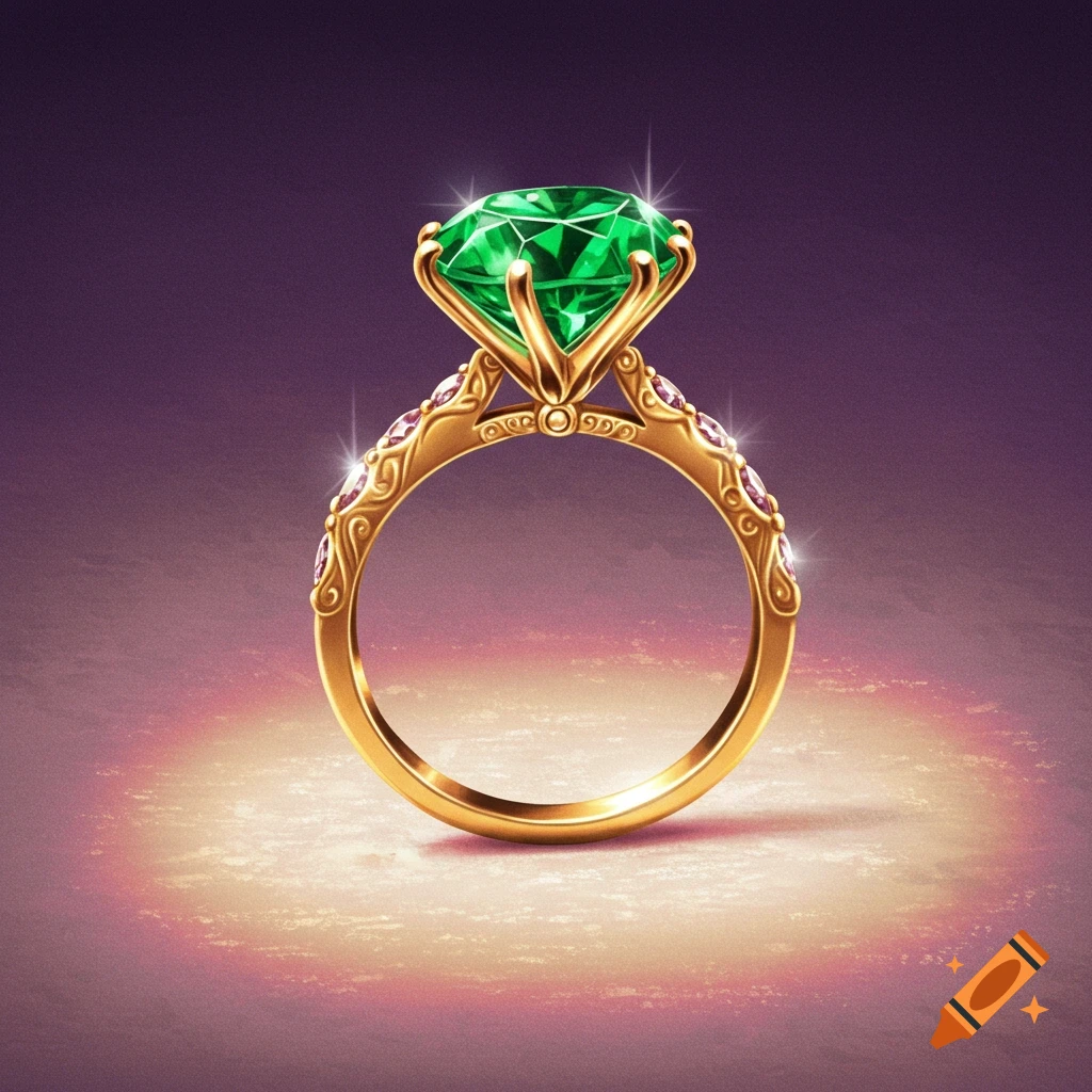 Close-up of a gold ring with a large green faceted gemstone, likely an emerald, on a dark background with a light glow below.
