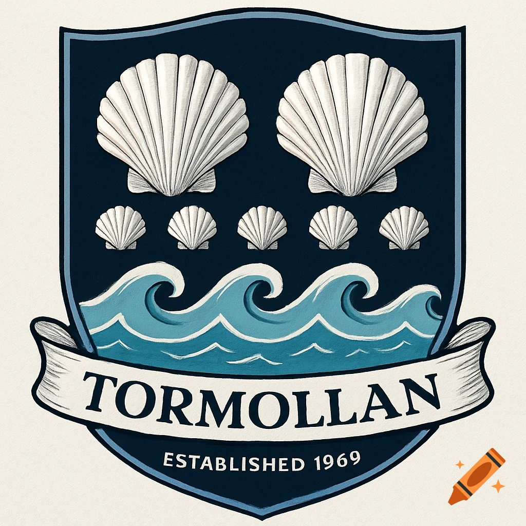 Coat of arms with two large and four small shells, waves, and text 'TORMALLAN ESTABLISHED 1969'.